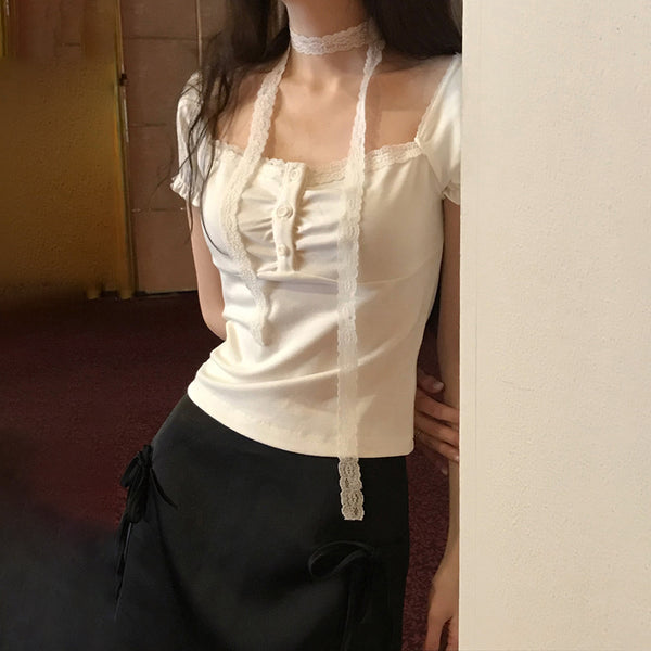 Lace Trim Square Neck Button Top with Choker Detail - Vedlit