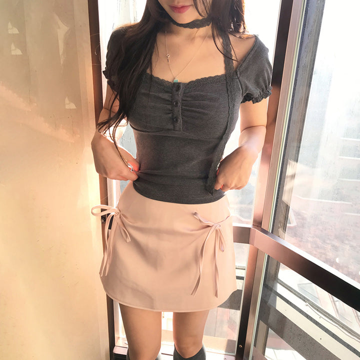 Lace Trim Square Neck Button Top with Choker Detail - Vedlit
