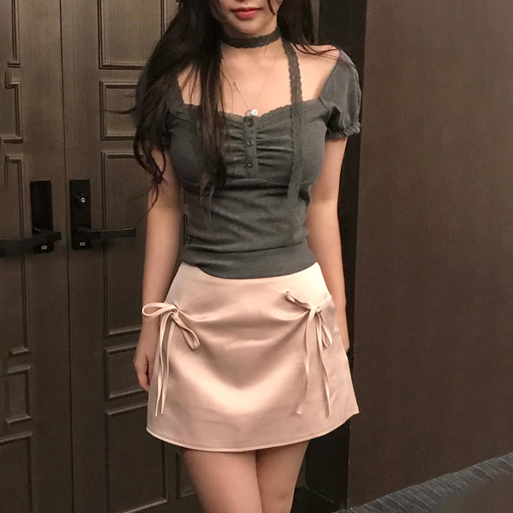 Lace Trim Square Neck Button Top with Choker Detail - Vedlit