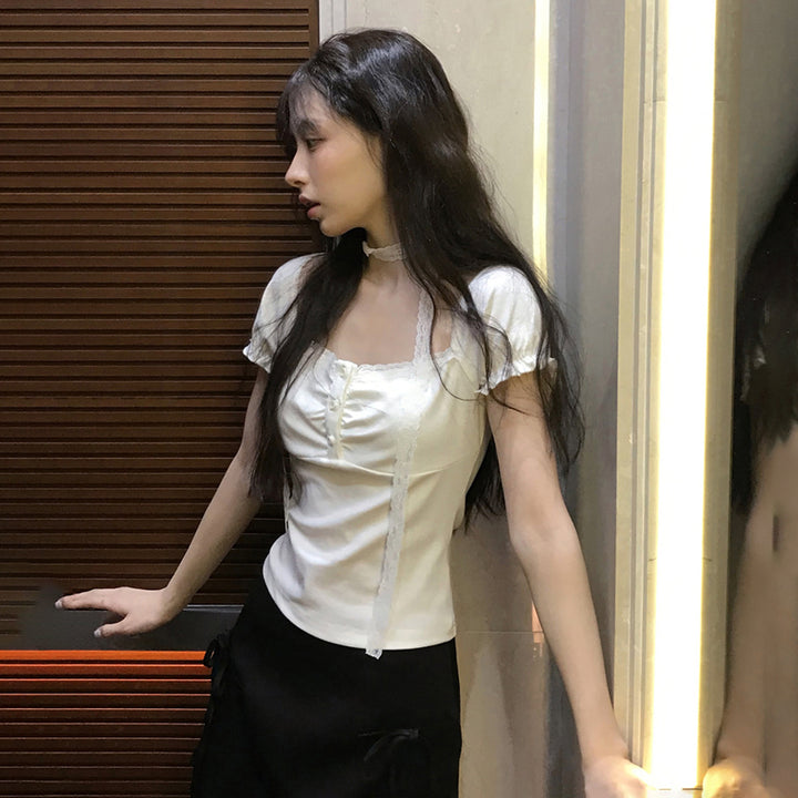 Lace Trim Square Neck Button Top with Choker Detail - Vedlit