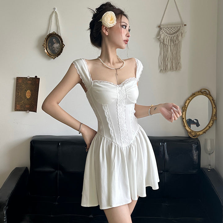 Lace-Trimmed Sweetheart Corset Mini Dress in White - Vedlit
