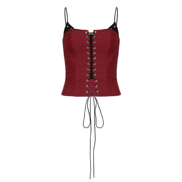 Lace-Up Burgundy Corset Top with Spaghetti Straps - Vedlit