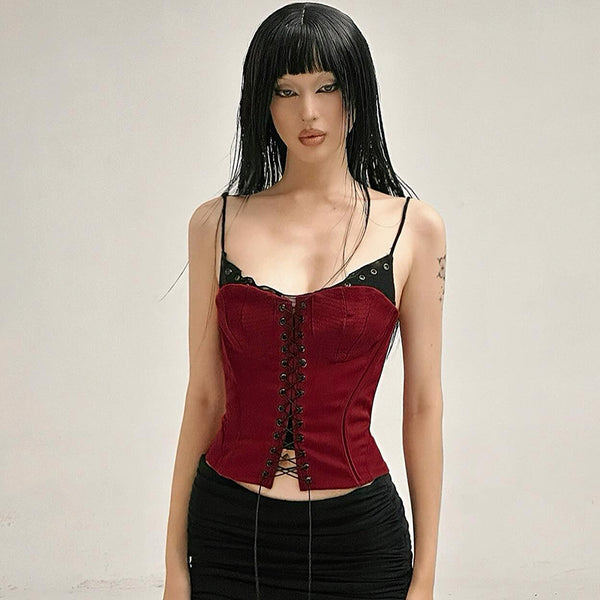 Lace-Up Burgundy Corset Top with Spaghetti Straps - Vedlit