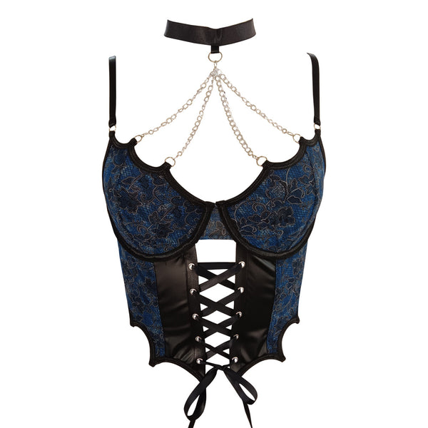 Lace-Up Chain Harness Corset Top – Gothic Floral Blue - Vedlit