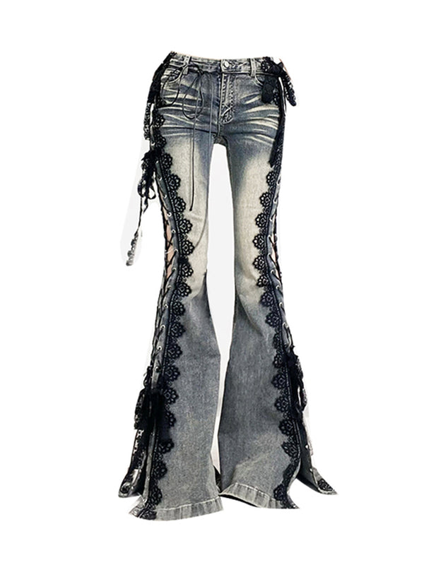 Lace-Up Flared Denim Pants with Gothic Lace Trim - Vedlit