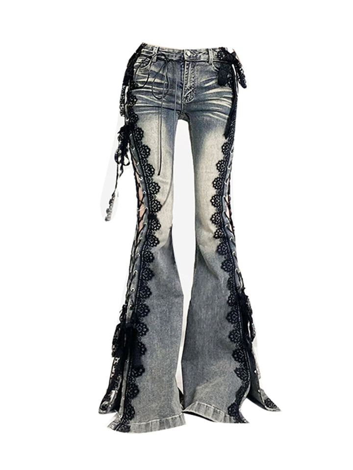 Lace-Up Flared Denim Pants with Gothic Lace Trim - Vedlit