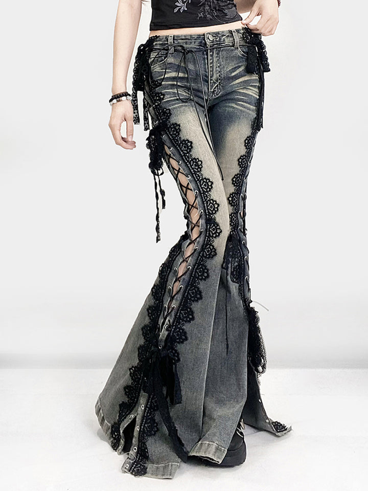 Lace-Up Flared Denim Pants with Gothic Lace Trim - Vedlit