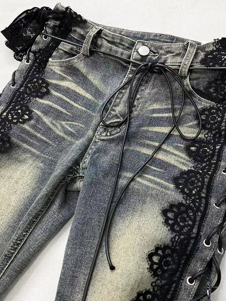 Lace-Up Flared Denim Pants with Gothic Lace Trim - Vedlit