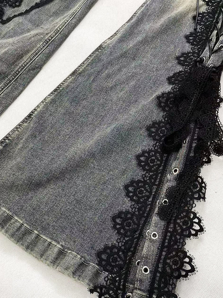 Lace-Up Flared Denim Pants with Gothic Lace Trim - Vedlit