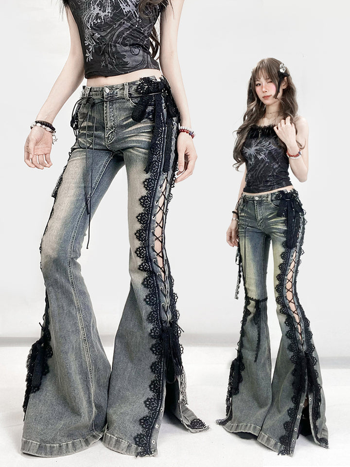 Lace-Up Flared Denim Pants with Gothic Lace Trim - Vedlit