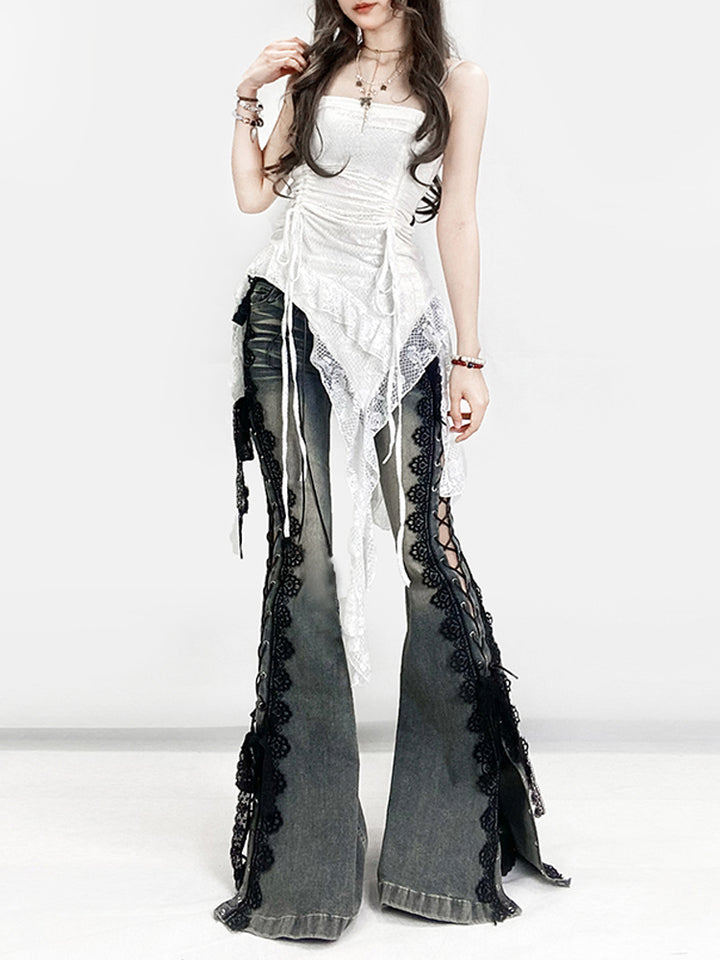 Lace-Up Flared Denim Pants with Gothic Lace Trim - Vedlit