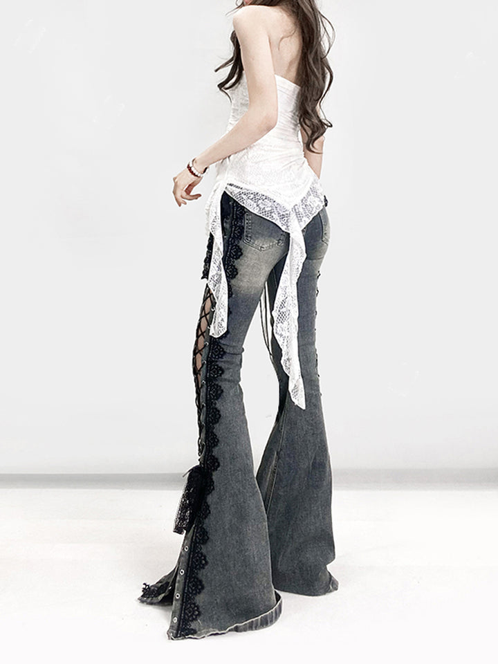Lace-Up Flared Denim Pants with Gothic Lace Trim - Vedlit