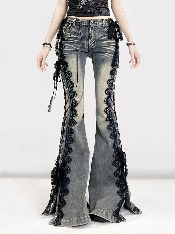 Lace-Up Flared Denim Pants with Gothic Lace Trim - Vedlit