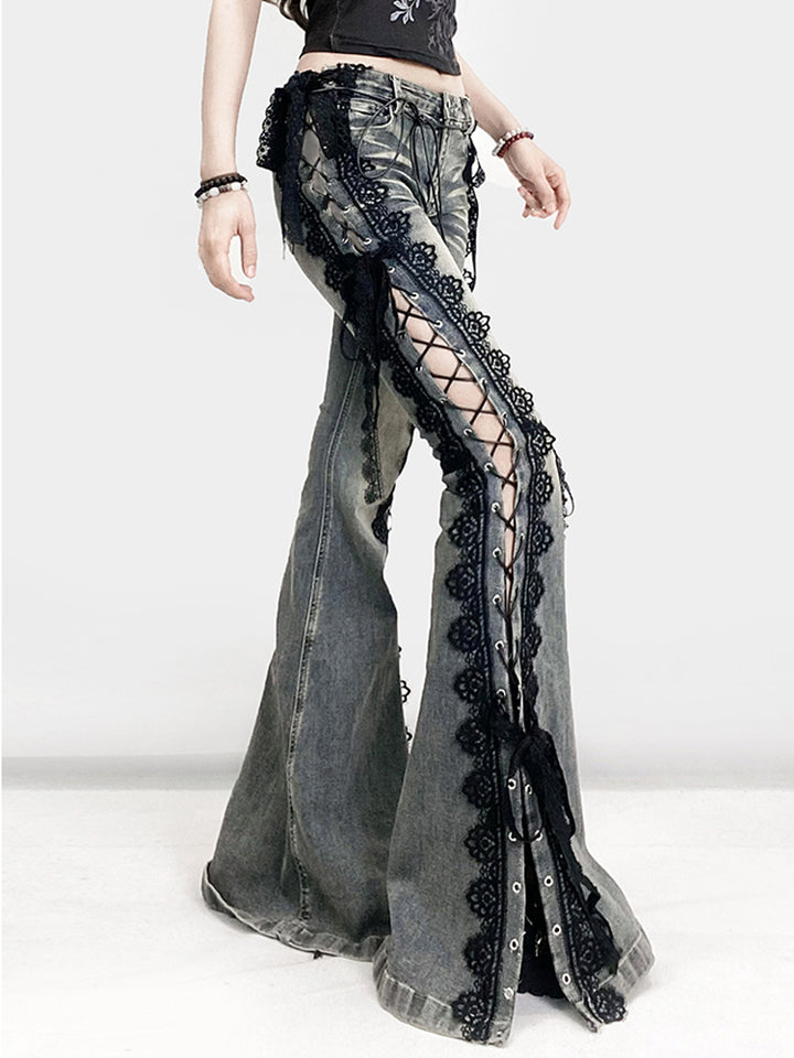 Lace-Up Flared Denim Pants with Gothic Lace Trim - Vedlit