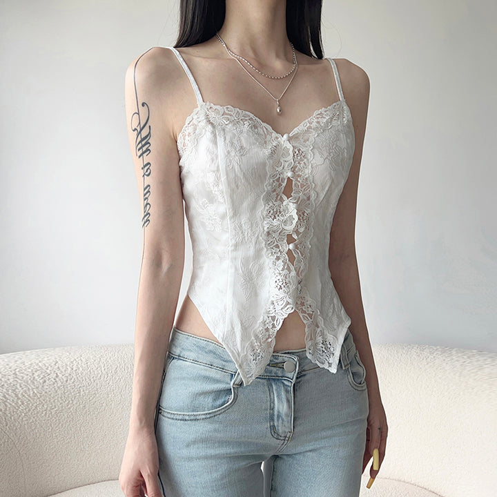 Lace-Up Floral Corset Top with V Hem Design - Vedlit