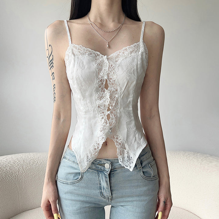 Lace-Up Floral Corset Top with V Hem Design - Vedlit