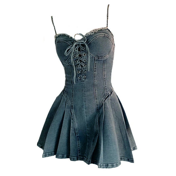 Lace Up Denim Dress - Vedlit