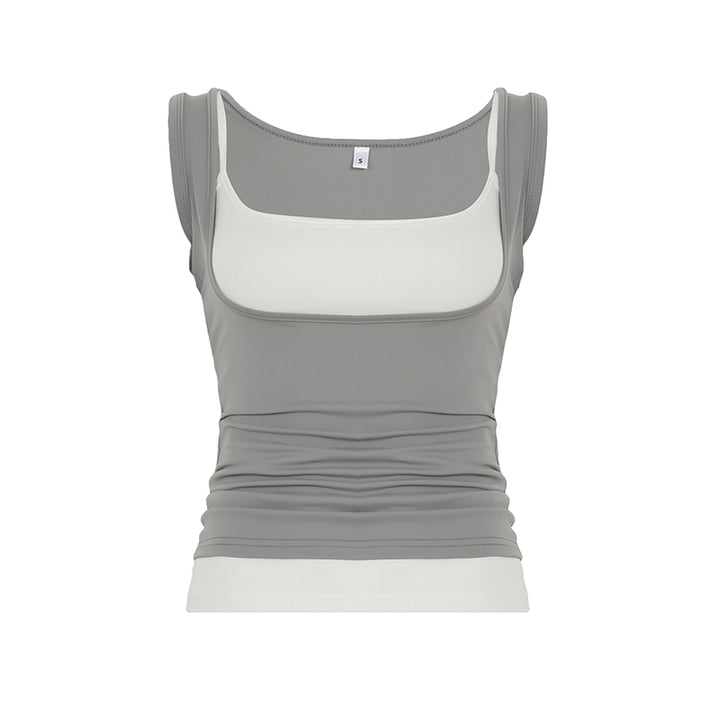 Layered Double Strap Ruched Tank Top in Gray & White - Vedlit