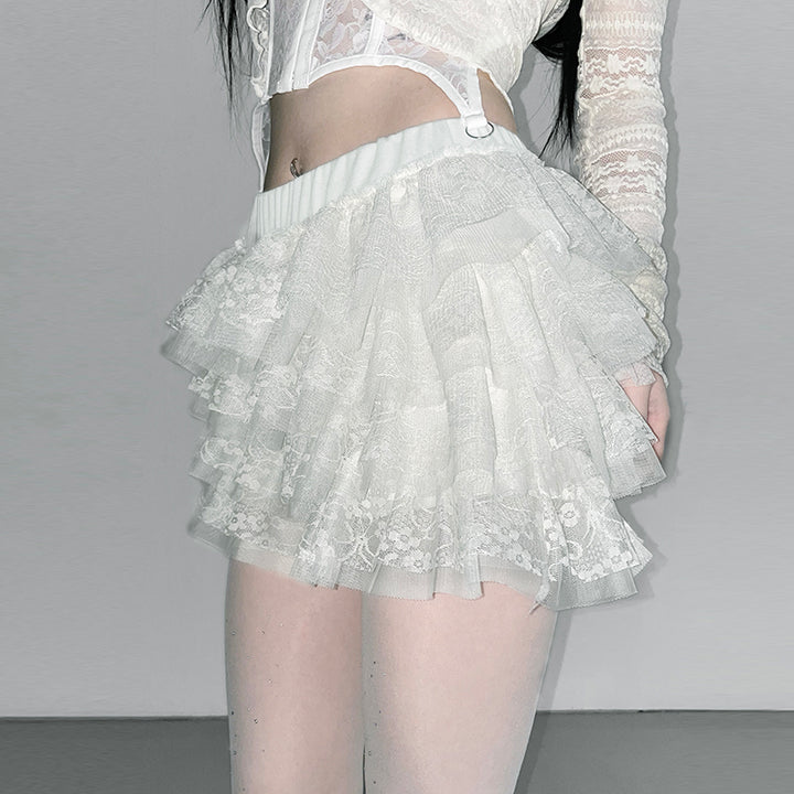 Layered Lace Ruffle Mini Skirt with Shorts – White or Black - Vedlit