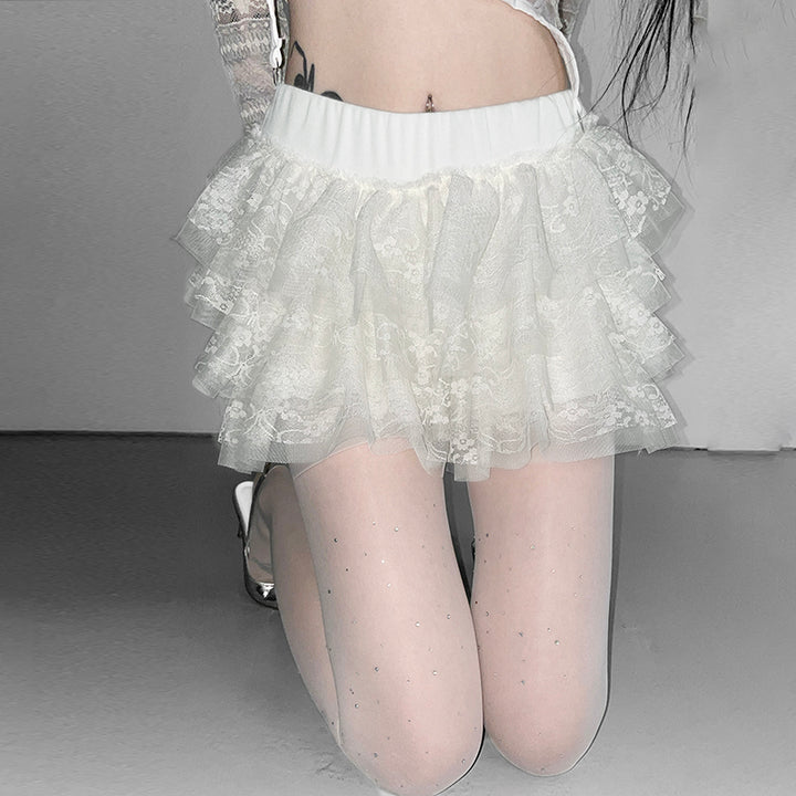 Layered Lace Ruffle Mini Skirt with Shorts – White or Black - Vedlit