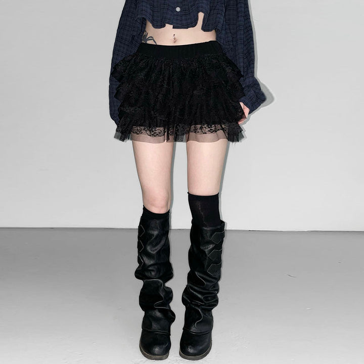 Layered Lace Ruffle Mini Skirt with Shorts – White or Black - Vedlit