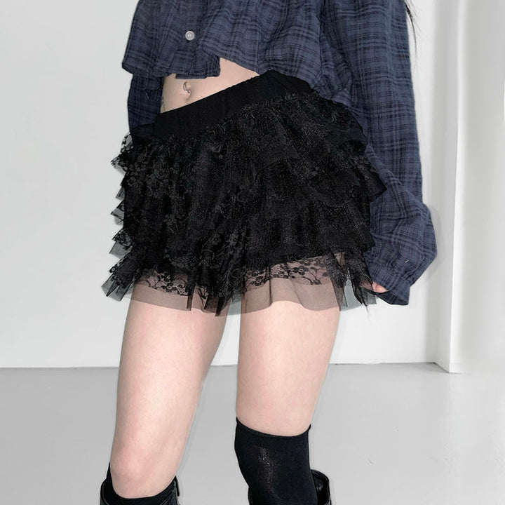 Layered Lace Ruffle Mini Skirt with Shorts – White or Black - Vedlit
