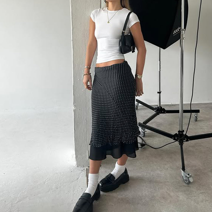 Layered Polka Dot Midi Skirt with Sheer Hem Detail - Vedlit