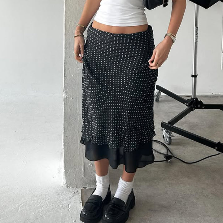Layered Polka Dot Midi Skirt with Sheer Hem Detail - Vedlit