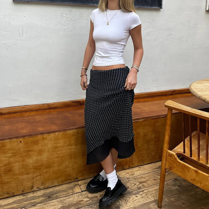 Layered Polka Dot Midi Skirt with Sheer Hem Detail - Vedlit