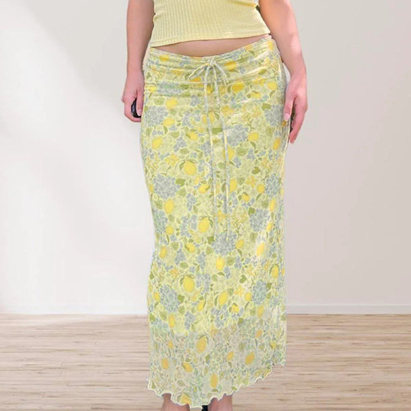 Lemon Floral Sheer Mesh Midi Skirt with Drawstring Waist - Vedlit