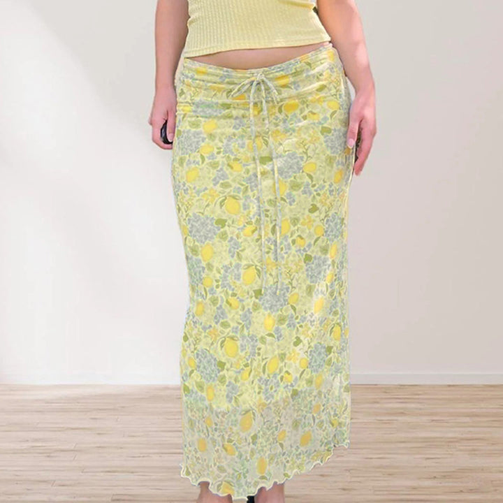 Lemon Floral Sheer Mesh Midi Skirt with Drawstring Waist - Vedlit