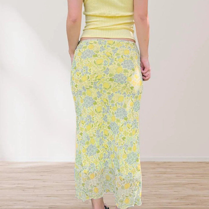 Lemon Floral Sheer Mesh Midi Skirt with Drawstring Waist - Vedlit