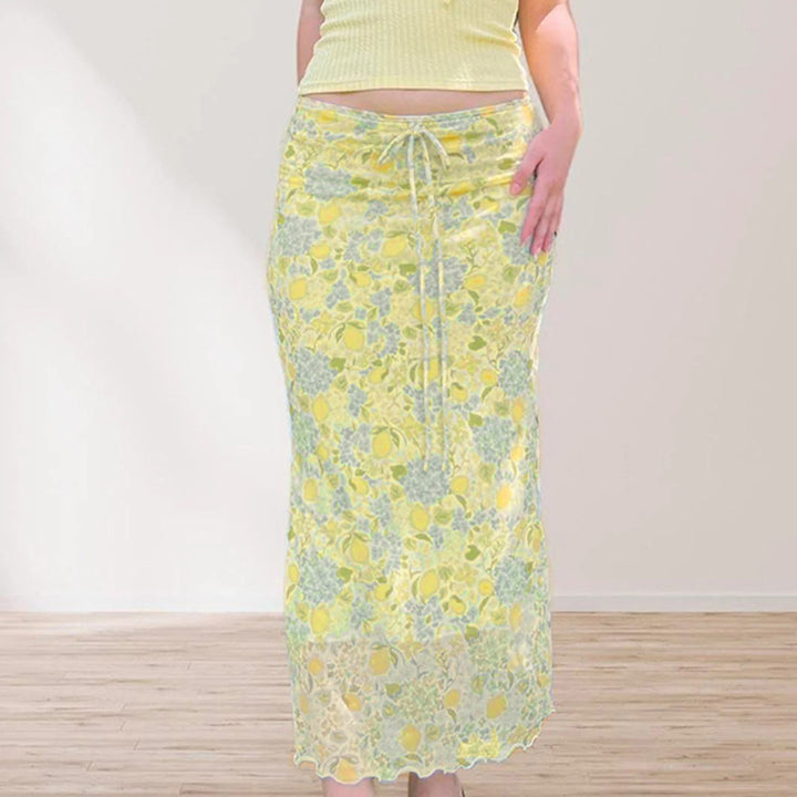 Lemon Floral Sheer Mesh Midi Skirt with Drawstring Waist - Vedlit