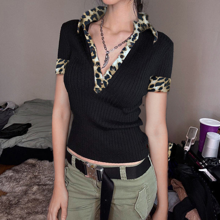 Leopard Collar Ribbed Tee with V-Neck - Vedlit