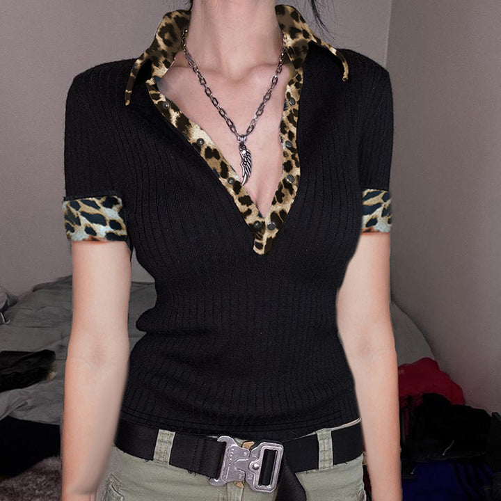 Leopard Collar Ribbed Tee with V-Neck - Vedlit