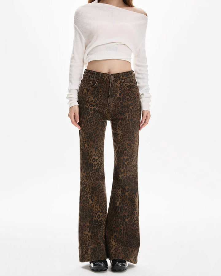 High-Waisted Leopard Flare Jeans - Vedlit