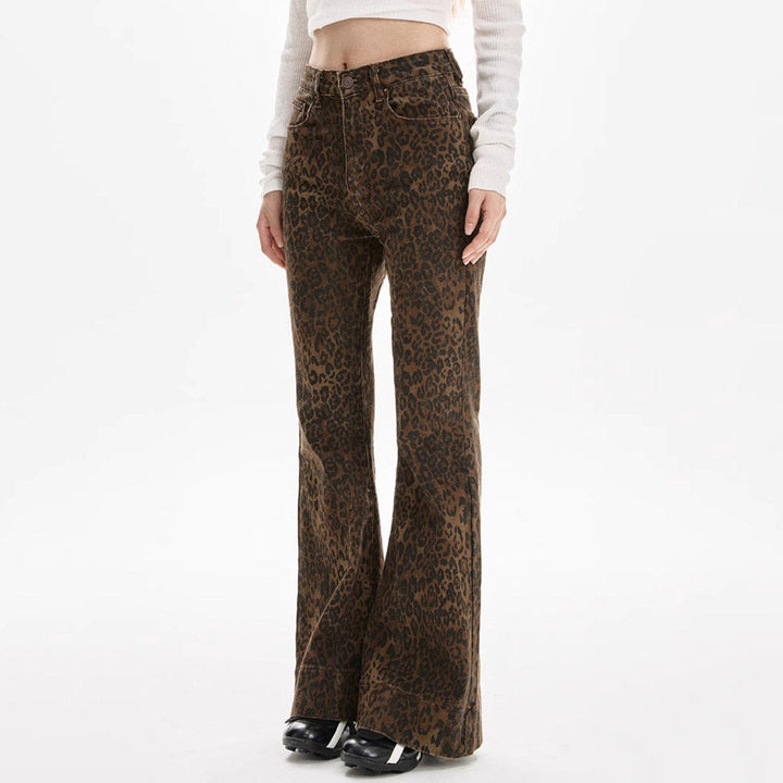 High-Waisted Leopard Flare Jeans - Vedlit