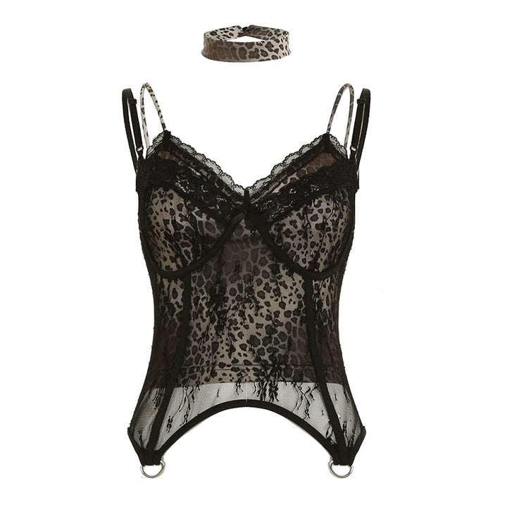 Leopard Mesh Lace Corset Cami Top with Choker Detail - Vedlit