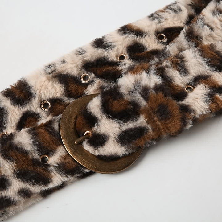 Leopard-Print Faux Fur Belt with Vintage Buckle and Tail Accent - Vedlit