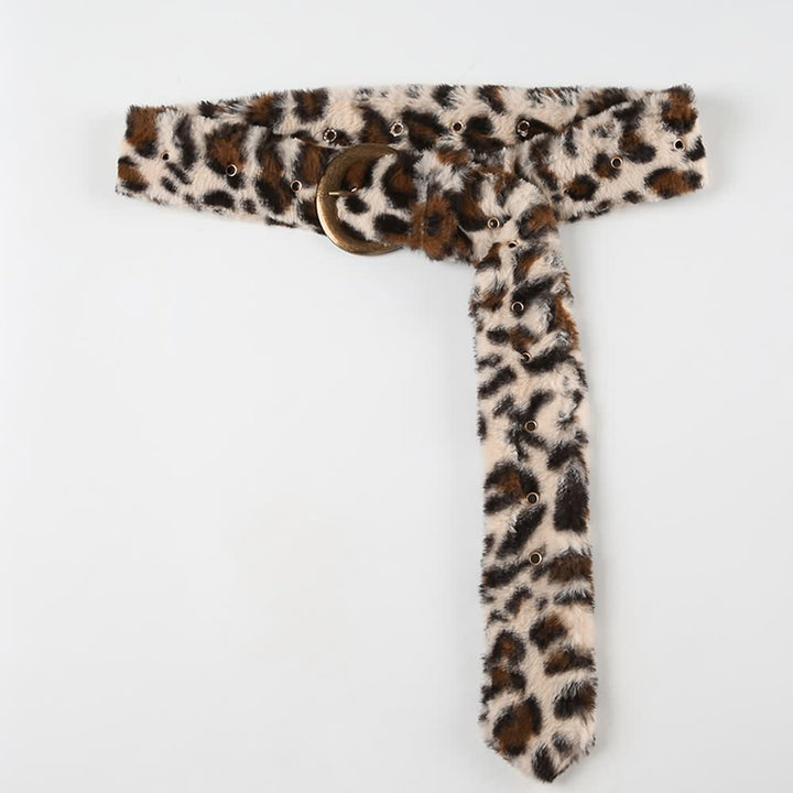 Leopard-Print Faux Fur Belt with Vintage Buckle and Tail Accent - Vedlit