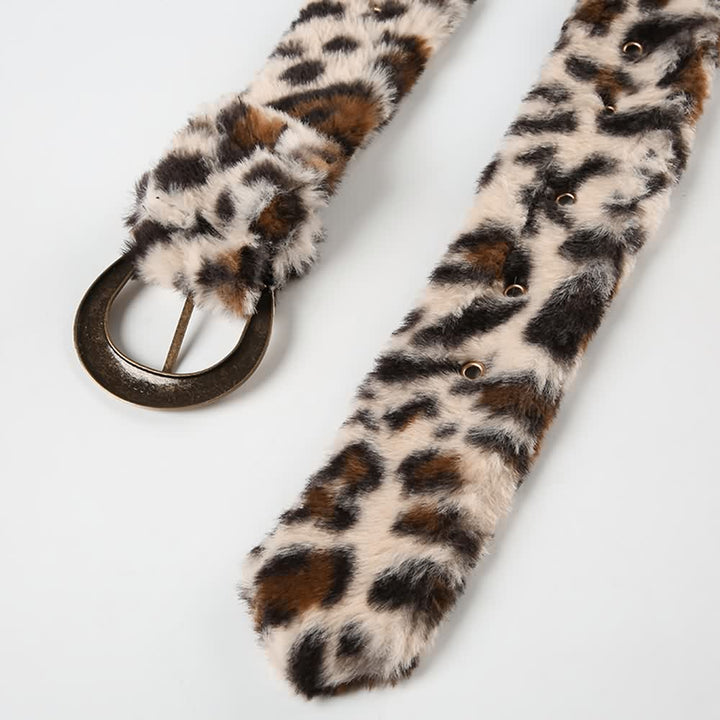 Leopard-Print Faux Fur Belt with Vintage Buckle and Tail Accent - Vedlit