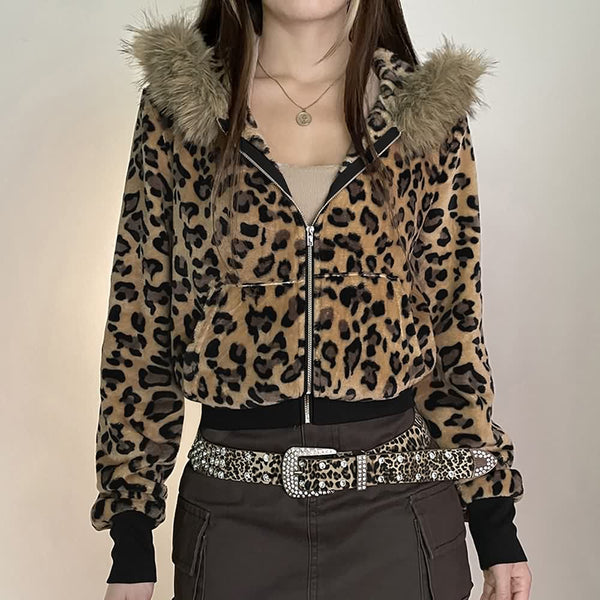 Leopard Print Faux Fur Crop Hooded Jacket - Vedlit