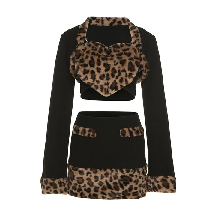 Leopard Print Faux Fur Three Piece Top And Skirt Set - Vedlit