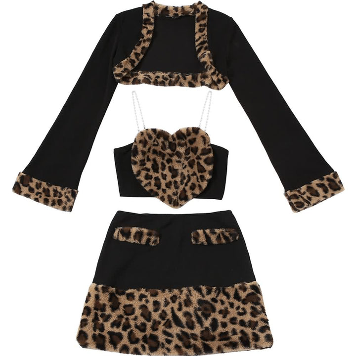 Leopard Print Faux Fur Three Piece Top And Skirt Set - Vedlit