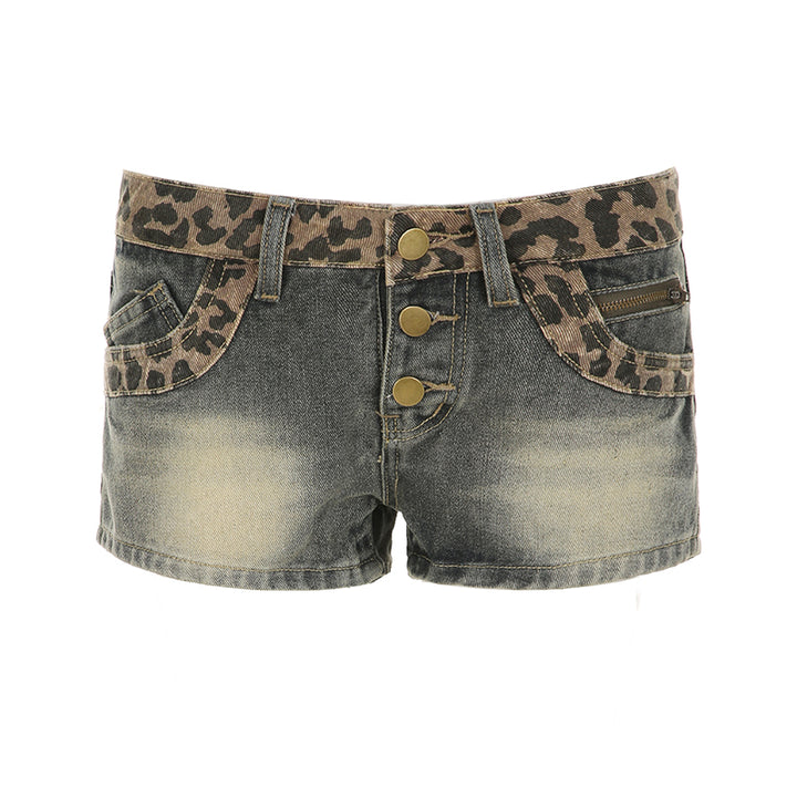 Leopard Trim High Waist Vintage Denim Shorts - Vedlit