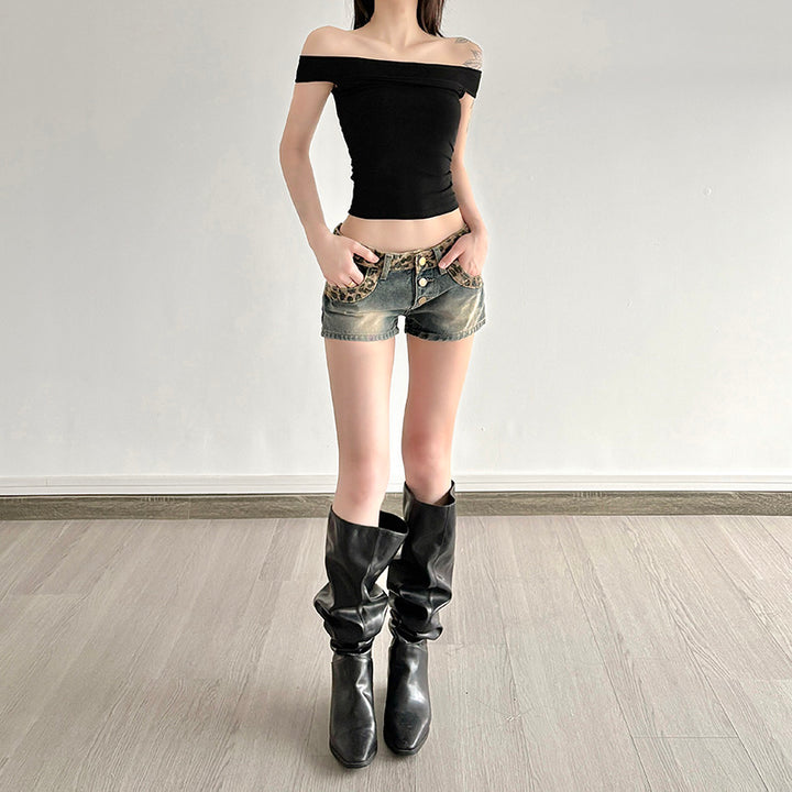 Leopard Trim High Waist Vintage Denim Shorts - Vedlit