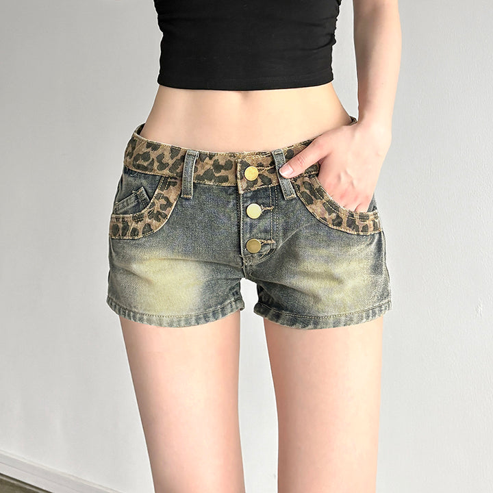 Leopard Trim High Waist Vintage Denim Shorts - Vedlit