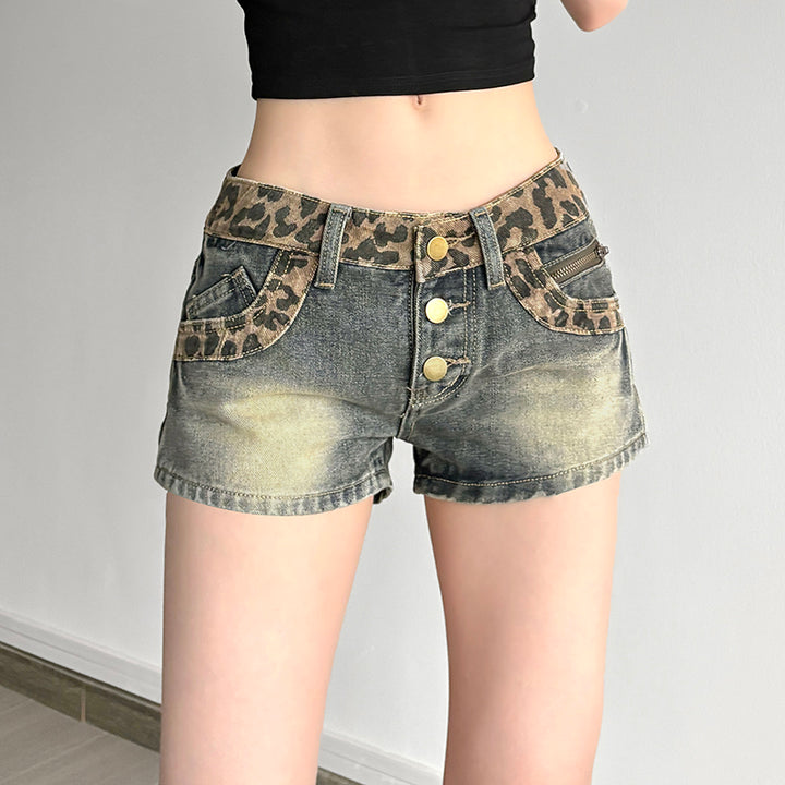 Leopard Trim High Waist Vintage Denim Shorts - Vedlit