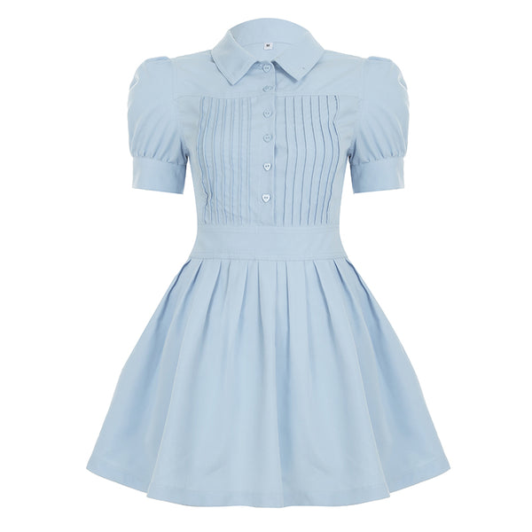 Light Blue Pleated Mini Dress with Puff Sleeves and Shirt Collar - Vedlit