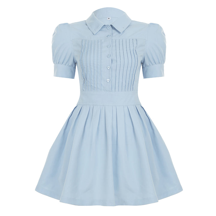 Light Blue Pleated Mini Dress with Puff Sleeves and Shirt Collar - Vedlit